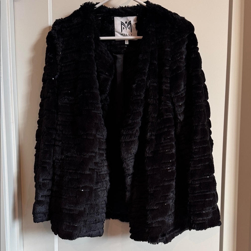 Milly Black Textured Faux Fur & Sequin Jacket